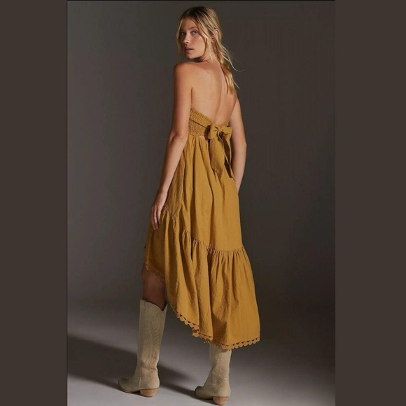 Anthropologie MaeveMustard gold high low tiered strapless midi dressSize S